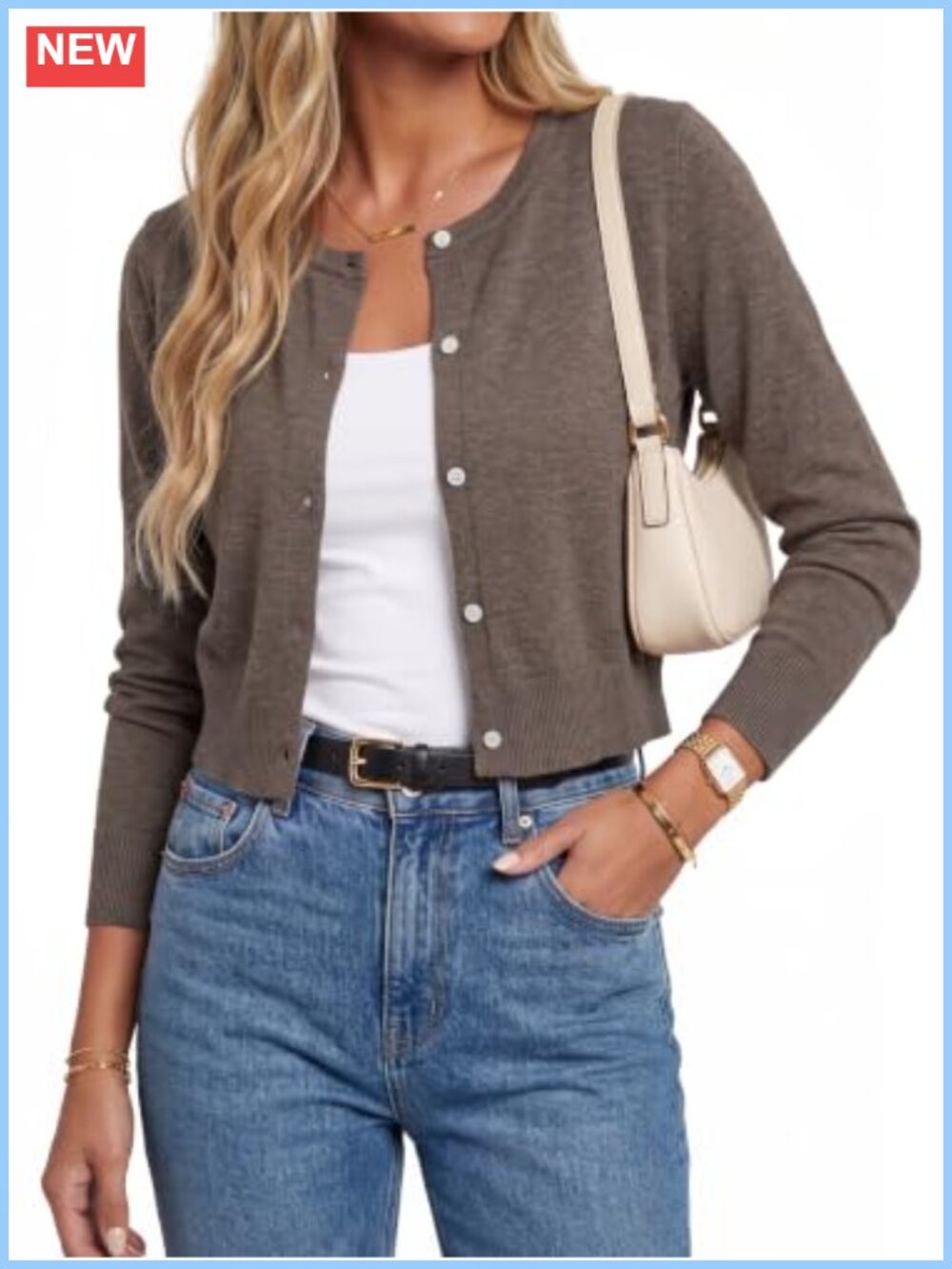 Wool Blend Cropped Crewneck Button Front Cardigan